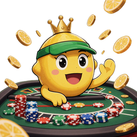 Lemon Casino Live Casino Maskottchen - fr&ouml;hlicher Zitronen-Charakter mit Krone am Roulette-Tisch