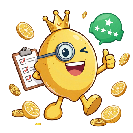 Lemon Casino Maskottchen gibt Daumen hoch beim Erfahrungstest - Trustpilot 4 Sterne Bewertung