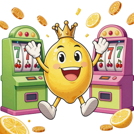 Lemon Casino Maskottchen tanzt zwischen Spielautomaten mit fliegenden M&uuml;nzen und Zitronen
